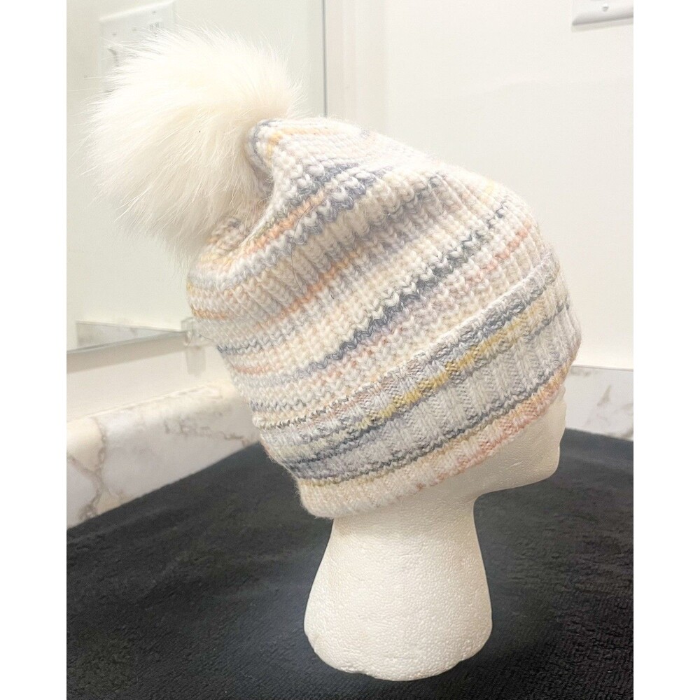 J.Crew Women’s Knit Beanie Hat Faux Fur Pom Pom Multicolor Striped Winter